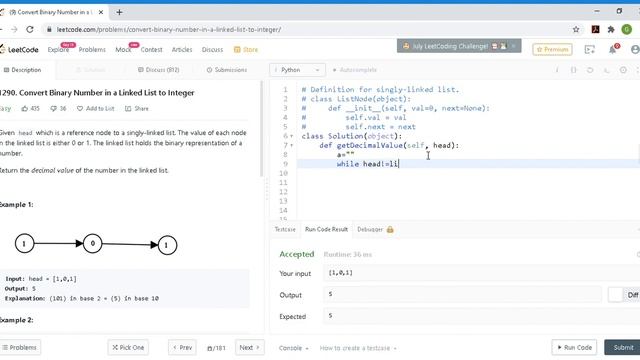 1290. Convert Binary Number in a Linked List to Integer смотреть онлайн