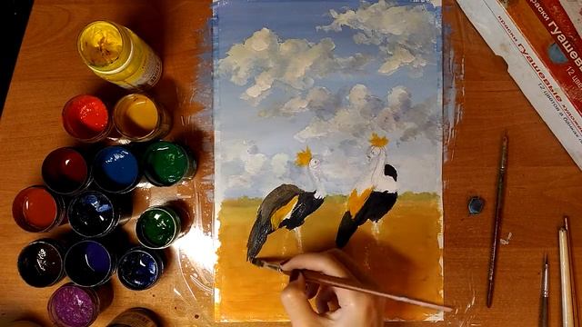 Рисуем Венценосных журавлей.Гуашь смотреть онлайн