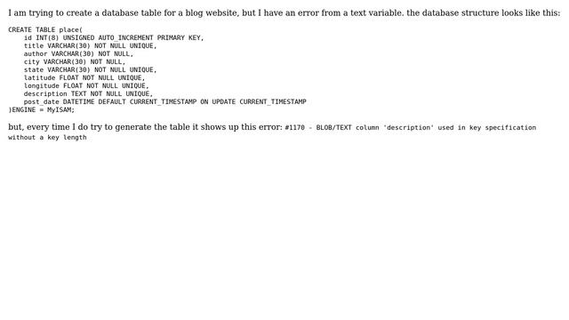 Databases: #1170 - BLOB/TEXT column 'variable' used in key specification without a key length смотреть онлайн