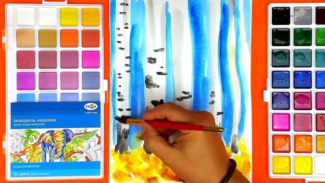 Березы ОСЕНЬЮ - Как нарисовать Осенний Пейзаж рисуем красками смотреть онлайн