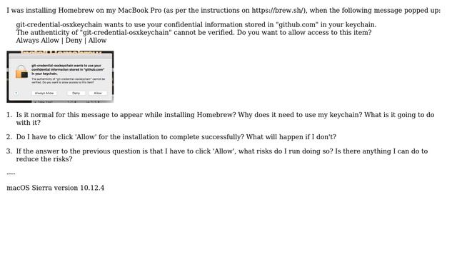 Homebrew installation requests to use my confidential keychain information. Should I allow it to... смотреть онлайн