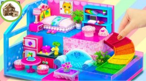 Миниатюрный двух этажный домик бассейн с цветной водной горкой для семьи из картона /197