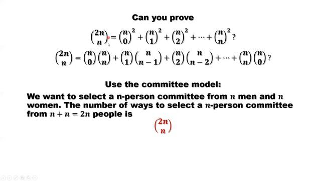 Prove: C(2n,n) = C(n,0)^2 + C(n,1)^2 +...+ C(n,n)^2 | Combinatorics смотреть онлайн