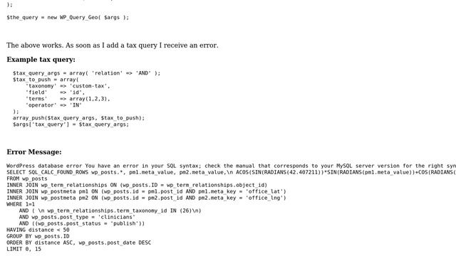 Wordpress: Extending WP Query: Custom geolocation meta values work, but tax_query breaks смотреть онлайн