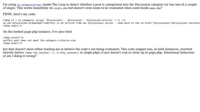 Wordpress: in_category() works in single.php but not in page.php? смотреть онлайн