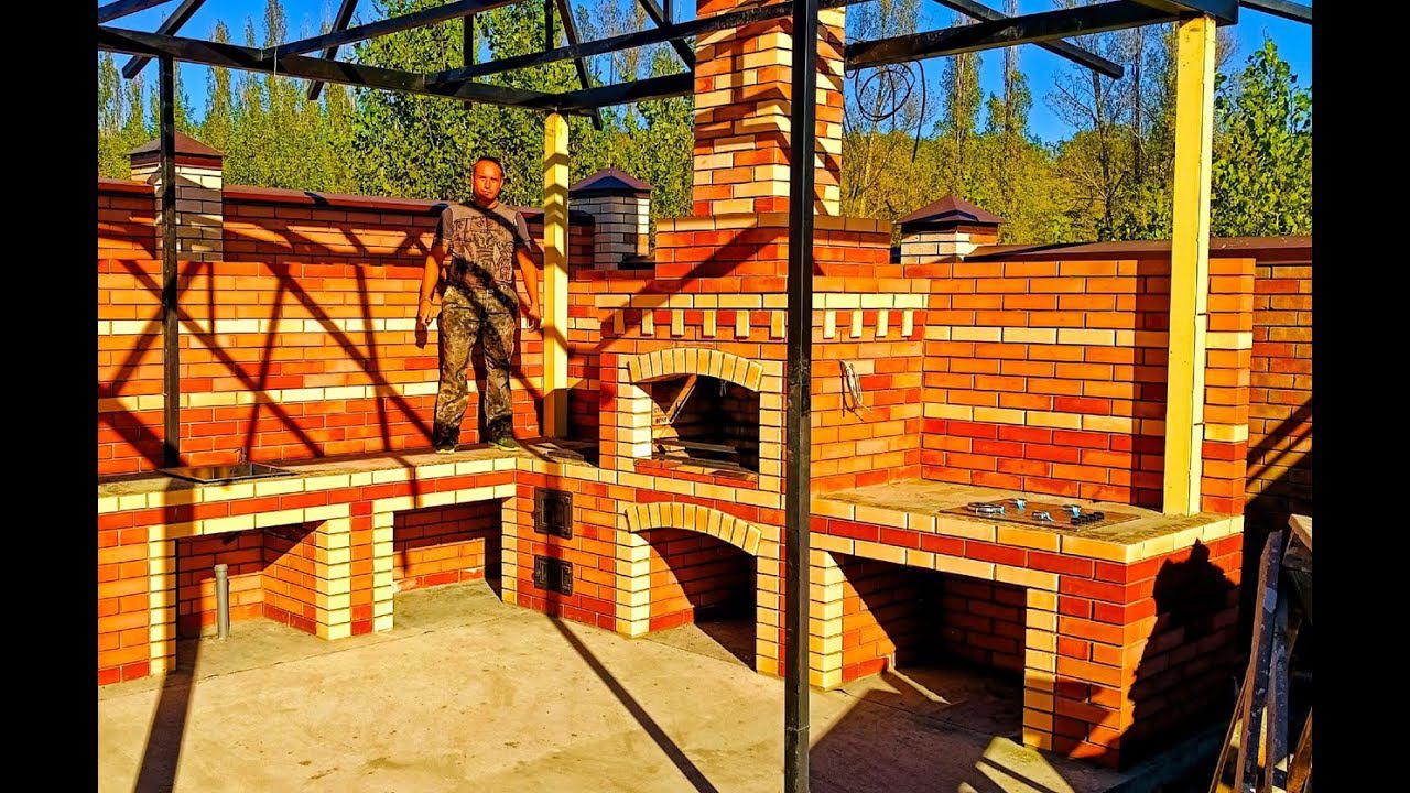 Мангал из кирпича с печкой под казан и газовой плитой смотреть онлайн