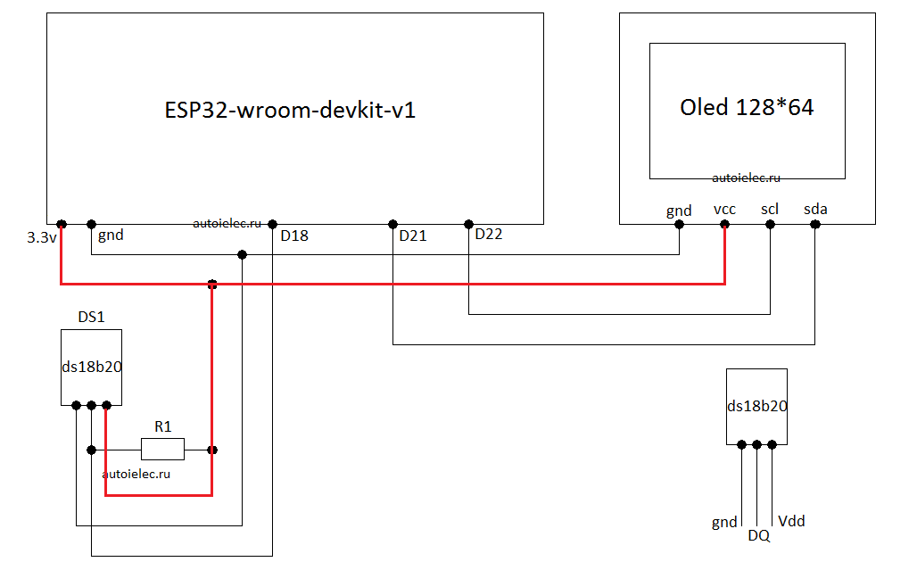 DS18B20 подключаем к ESP32, измеренную температуру выводим на дисплей , программа на MicroPython. смотреть онлайн