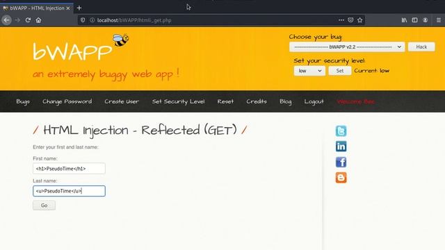 BWAPP HTML Injection Reflected GET Low Level
