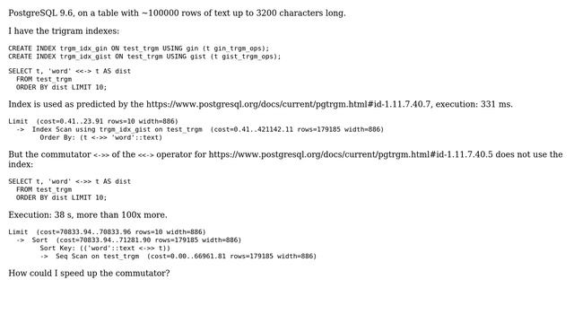 Databases: pg_trgm index not used with commutator смотреть онлайн