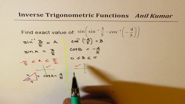 Exact vluea of sin(sin^-1(3/5) - cos^-1(-4/5)) Inverse Trigonometric Ratio Negative Value смотреть онлайн