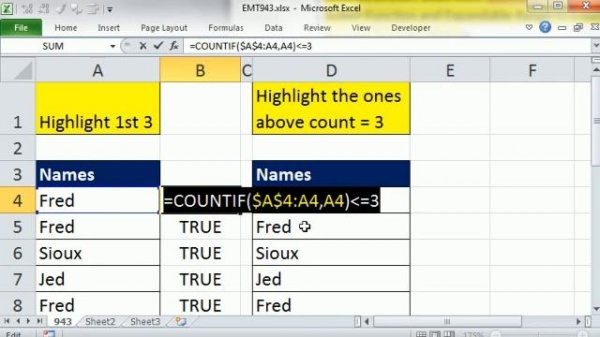 Excel Magic Trick 943: Conditional Format First Three & Conditional Format After 3rd Occurrence