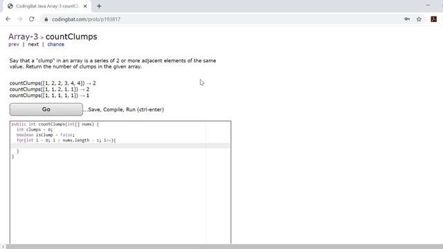 Array-3 (countClumps) Java Tutorial || codingbat.com смотреть онлайн