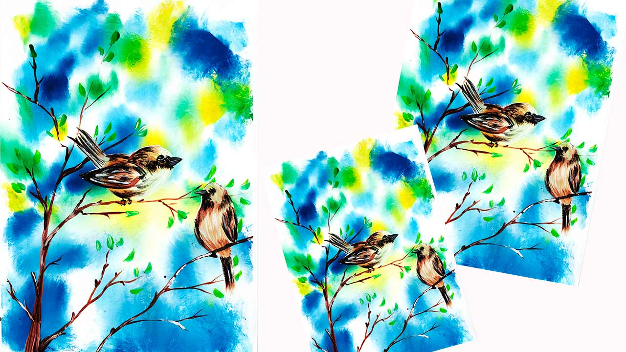Весенний пейзаж гуашью. Рисуем воробья. смотреть онлайн