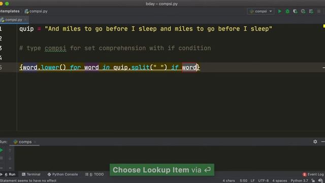 PyCharm Tips & Tricks #22: Use compsi for set comprehension with if condition смотреть онлайн