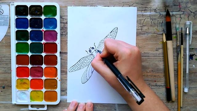 Как нарисовать СТРЕКОЗУ акварелью | Уроки рисования насекомых | Простой рисунок красками смотреть онлайн