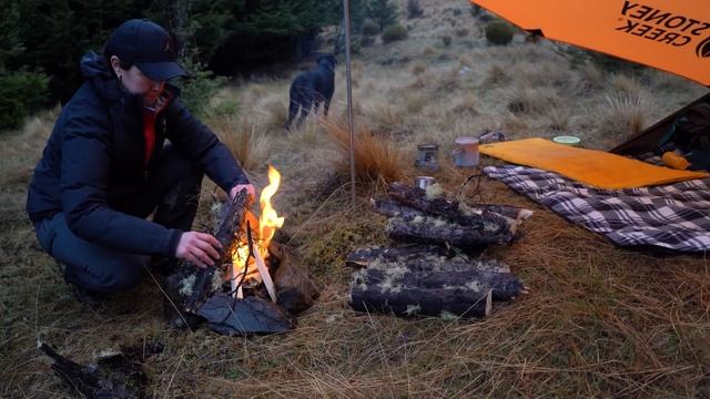 Tarp Tent Camping In The Rain - (Relaxing With My Dog)