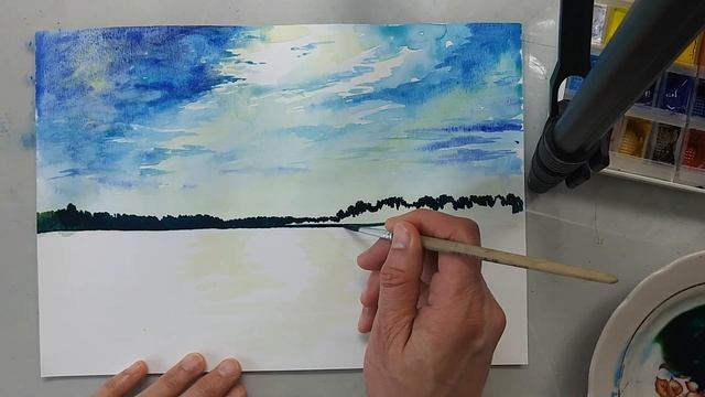 Рисуем пейзаж с рекой акварелью. Ускоренное видео. смотреть онлайн