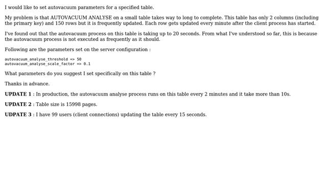 Databases: Postgresql AUTOVACUUM ANALYSE parameters for a specified table смотреть онлайн