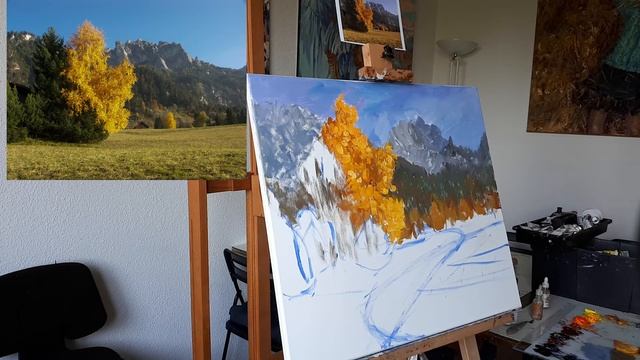 Мастер-класс: Этюд "Осень в горах Лихтенштейна". Часть 2 - подмалёвок маслом смотреть онлайн