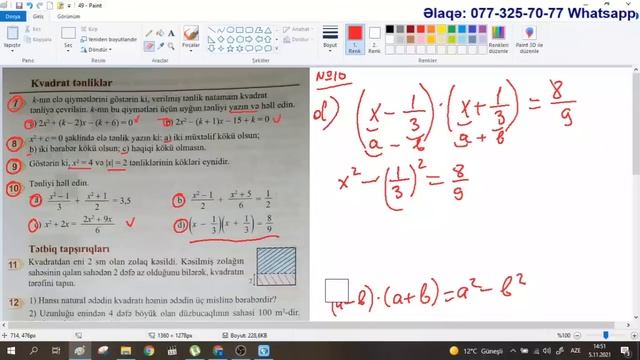 Riyaziyyat 8 ci sinif.  Səhifə 49.  Natamam kvadrat tənliklər / Aynurə Abdullayeva