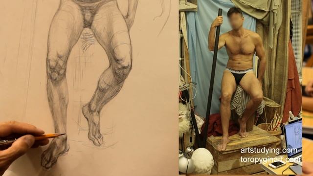 Длительный рисунок мужской сидящей(3). Обучение рисунку.Фигура. 86 серия. смотреть онлайн