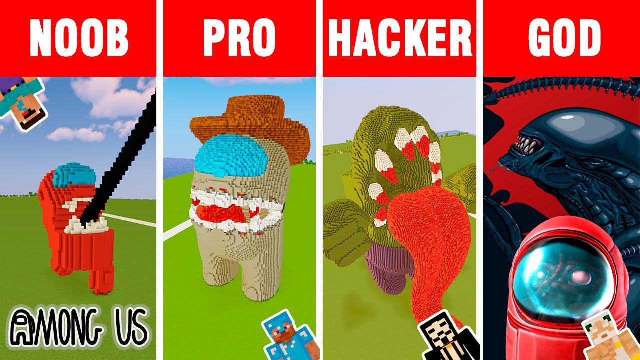Minecraft Battle: NOOB Vs PRO Vs HACKER Vs GOD: BUILD AMONG US. THE MOST TERRIBLE IMPOSTERS EVER!