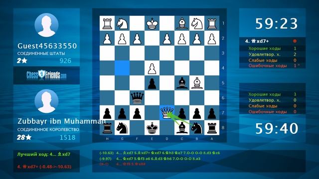 Анализ шахматной партии: Guest45633550 - Zubbayr ibn Muhammad, 0-1 (по ChessFriends.com) смотреть онлайн