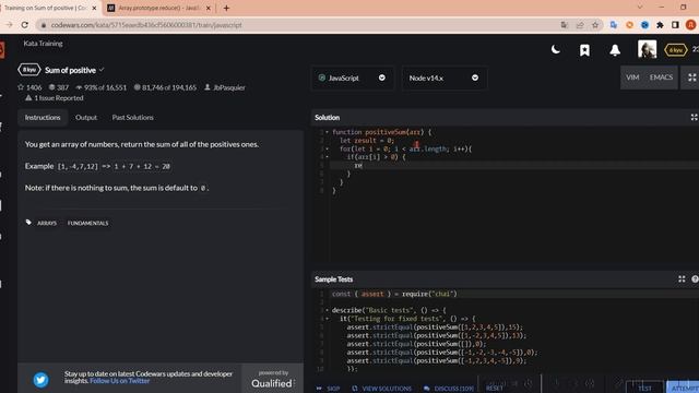 Codewars JavaScript 8kyu / Как решить задачу Sum of positive ? смотреть онлайн