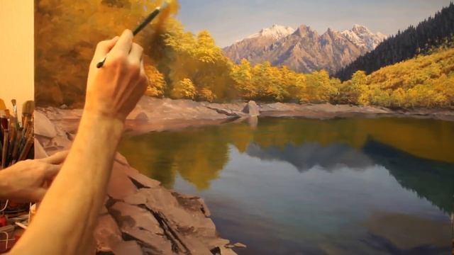 Oil painting process "Dombay, mountain lake" 60x90 cm. Artist Alik Oleynik. смотреть онлайн
