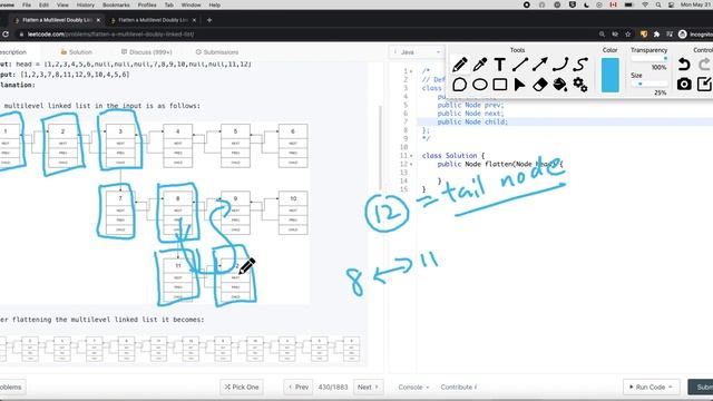 [Java] Leetcode 430. Flatten a Multilevel Doubly Linked List [LinkedList #4] смотреть онлайн