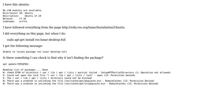 Ubuntu: Unable to locate package ros-lunar-desktop-full смотреть онлайн