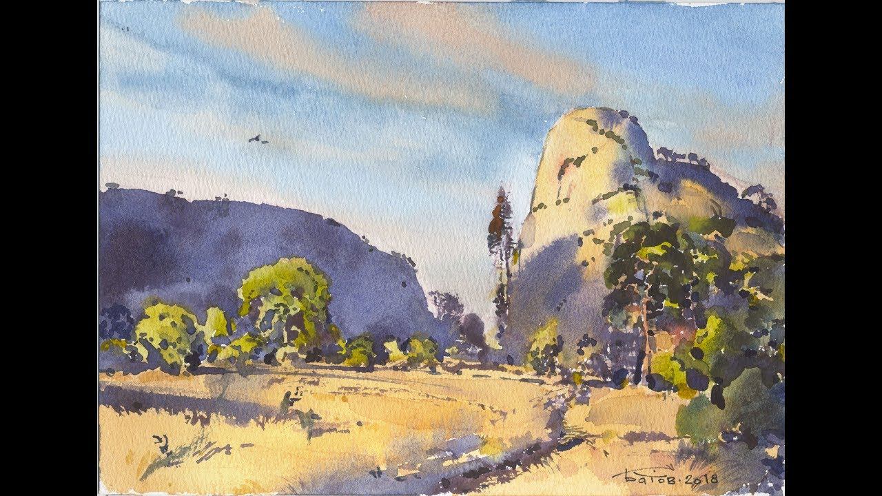 Пейзажный мотив с горами акварелью. смотреть онлайн