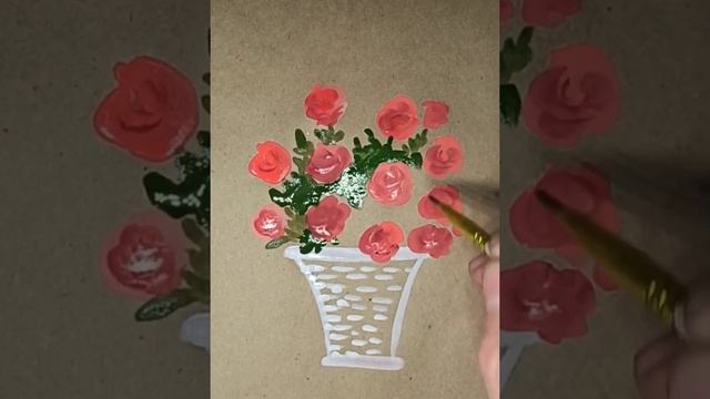 Красные розы в белой корзине, как нарисовать гуашью на крафтовой бумаге. смотреть онлайн