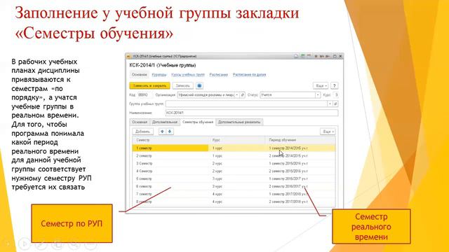 Заполнение вкладки "Семестры обучения" в учебных группах смотреть онлайн