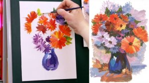 Рисуем букет цветов в вазе в технике двухцветного мазка (гуашь)