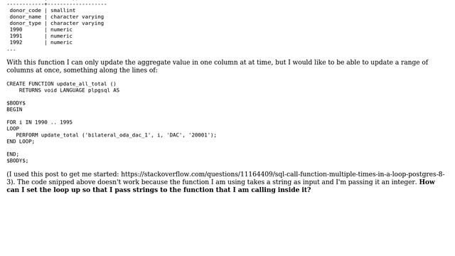 Loop over string literals as input to function PostgreSQL 9.4 смотреть онлайн