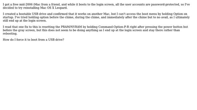 Apple: Can't boot from USB or reset PRAM/NVRAM on mid-2006 iMac смотреть онлайн
