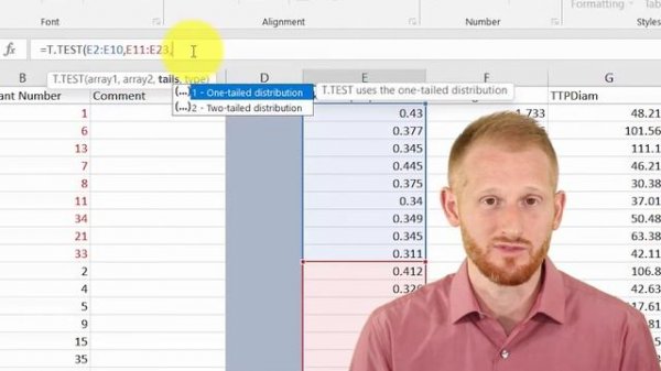 T test p Value in Excel