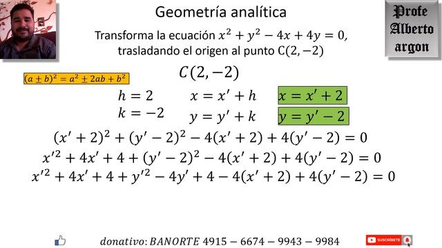 Transforma la ecuación x^2+y^2-4x+4y=0, trasladando el origen al punto C(2,-2) смотреть онлайн