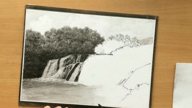 Waterfall Landscape - Charcoal Pencil Drawing смотреть онлайн