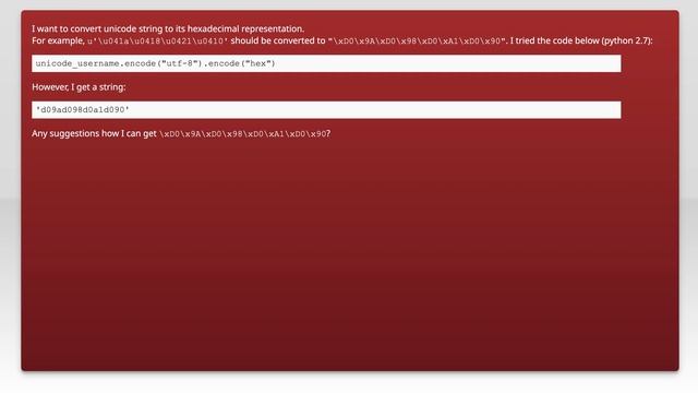 Converting unicode string to hexadecimal representation смотреть онлайн