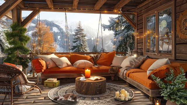 Stress Relief with Warm Piano Jazz Music and Gentle Snow Falling ☕Cozy Wooden Porch Ambience смотреть онлайн