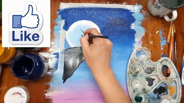 Как нарисовать дерево сакуры под луной. Рисуем сакуру гуашью. Правополушарное рисование. Ночь гуашь смотреть онлайн