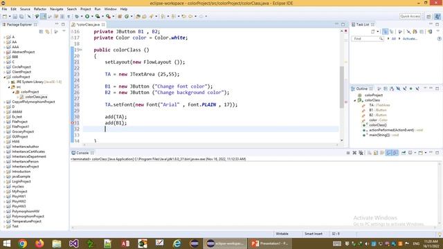Use a JColorChooser in Java to change the Font and the Background color for a JTextArea. смотреть онлайн