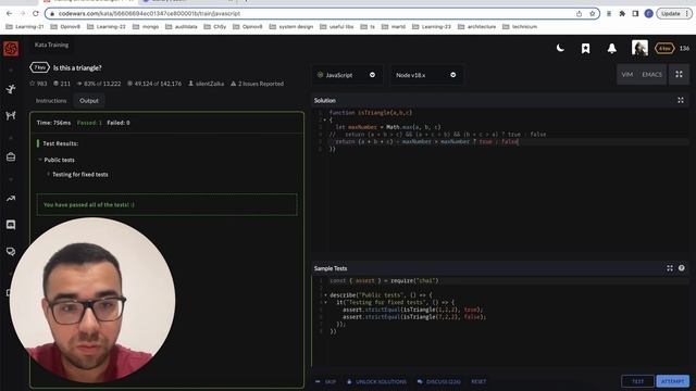 Codewars. Решение задачи. Is this a triangle? JavaScript. смотреть онлайн