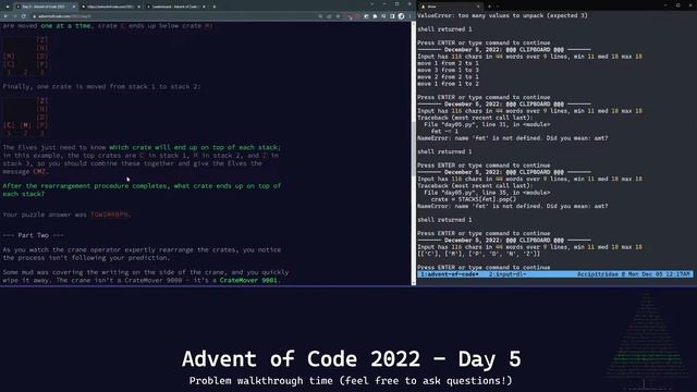 Advent of Code 2022 - Day 5 (Python, 39/39) смотреть онлайн