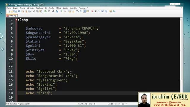 Php Dersleri 3 - Echo ve Değişken tanımlama Uygulaması смотреть онлайн