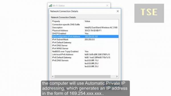 Autoconfiguration IPv4 Address 169.254.55.152 'Automatic Private IP Addressing (APIPA)' Windows 10