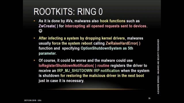 DEF CON 26 - Alexandre Borges - Ring 0 Ring 2 Rootkits Bypassing Defenses смотреть онлайн
