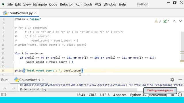 Python program to count Vowels using for loop & list comprehension смотреть онлайн